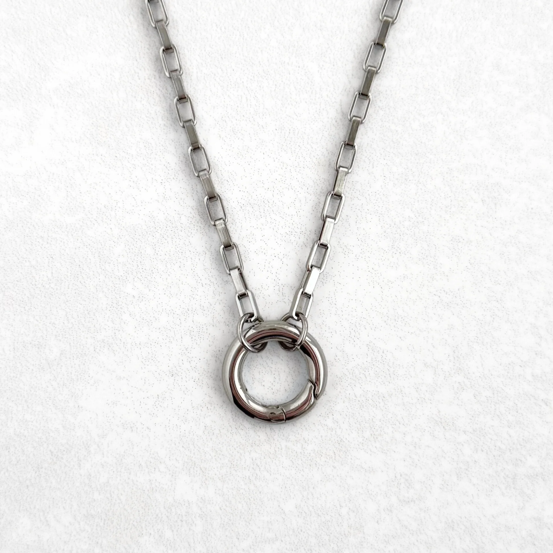 Silver Rectangular Link Round Charm Necklace